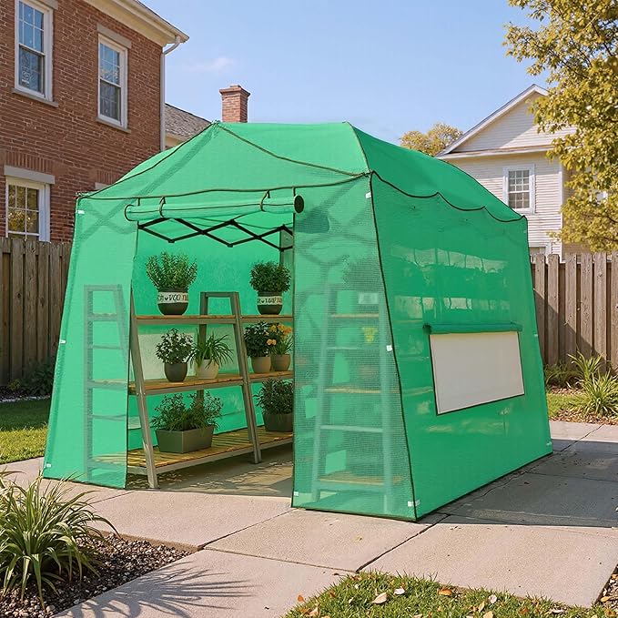 11 x 8.5 FT Walk-in Greenhouse, Portable Pop-up Green House 3 Adjustable Hights Heavy Duty Plant Gardening Canopy with Durable PE Cover for Indoor Outdoor (Clear and Green)