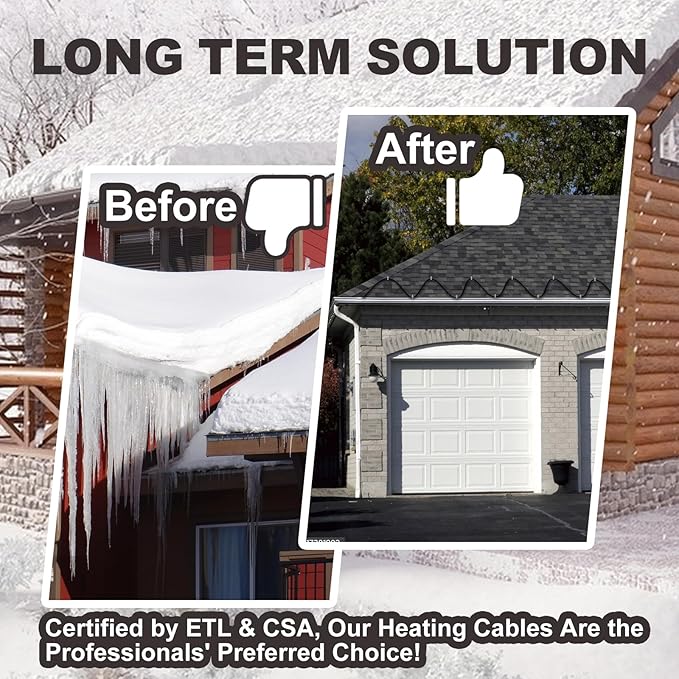 TDRD 200 feet Roof & Gutter Snow De-Icing Kit, 5W/ft Heat Tape for Roof and Gutters Ice Dam Prevention with 6 ft Power Cold