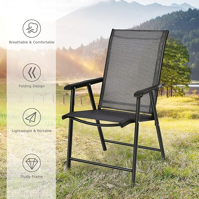 S AFSTAR Patio Chairs Set of 4, Outdoor Folding Dining Chairs with Armrests, Foldable Porch Chairs for Lawn Deck Backyard, Folding Chairs for Adults (Black)