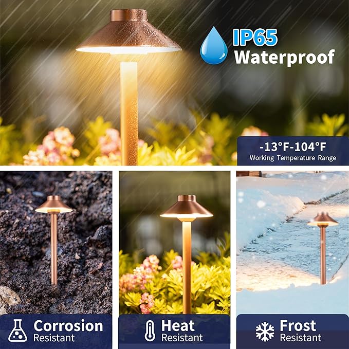 Gardenreet 12V Brass Outdoor Landscape Copper Pathway Lights(Hat) LED Low Voltage Landscape Lighting for Walkway Driveway Garden Yard Without G4 Bulb(12 Pack)