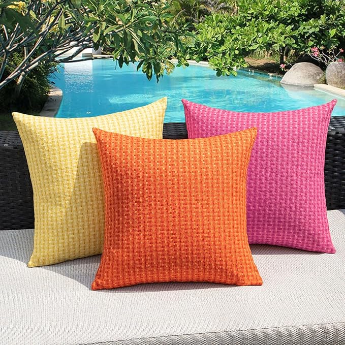 Kevin Textile Fall Outdoor Waterproof Throw Pillow Covers Pack of 2 Weaving Texture Water Resistant Outside Decorative Cushion Covers for Garden Patio Tent Balcony Bench Couch Sofa 16x16 Inch, Orange