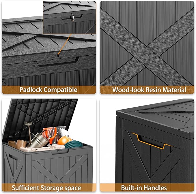 32 Gallon Waterproof Outdoor Storage Box, UV Resistant Resin Deck Box with Hydraulic Rod for Reinforced Stability, Perfect for Patio, Garden, and Pool, Black