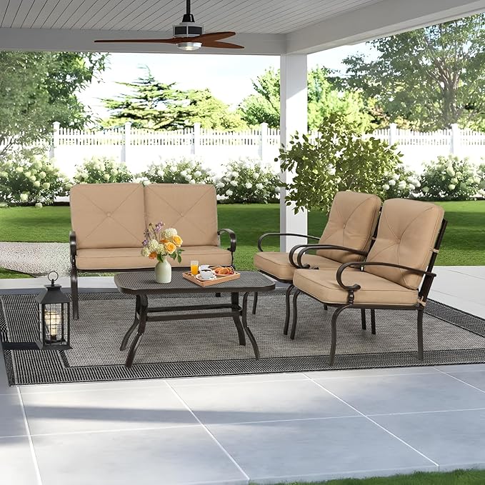 4-Piece Outdoor Metal Furniture Sets Patio Conversation Set Wrought Iron Loveseat, 2 Single Chairs, Coffee Table with Cushion, Lawn Front Porch Garden, Brown