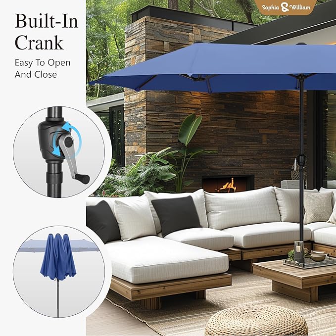 Sophia & William Patio Set with Umbrella Patio Dining Set for 6 with 13ft Rectangle Patio Umbrella Navy, 6 x Patio Chairs Grey, 1 Wood Like Outdoor Dining Table with Umbrella Hole for Lawn Garden