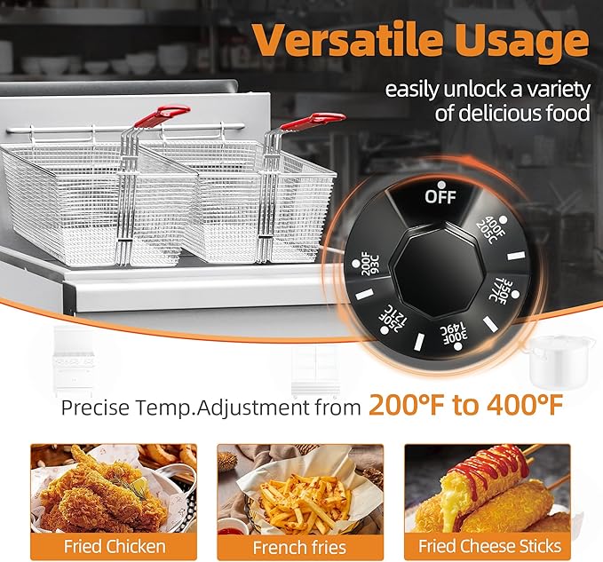 Commercial Deep Fryer with 2 Baskets, 90000 BTU Natural Gas Fryer - CSA Certified, 200°F-400°F 3 Tubes, Stainless Steel Floor Fryer for Restaurants, Fast Food, Food Trucks