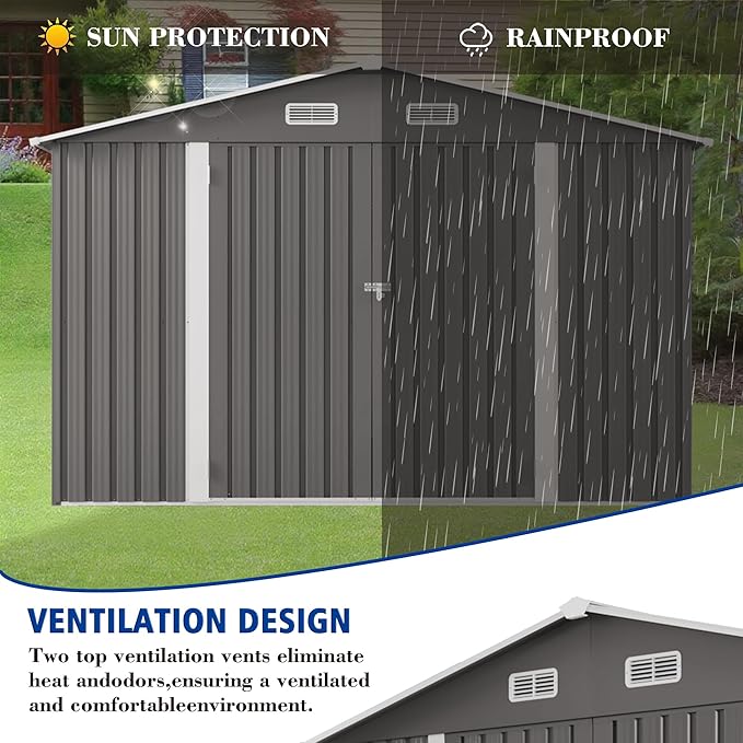 10x8 FT Outdoor Storage Shed with Window, Metal Sheds & Outdoor Storage with Lockable Door and 4 Vents, Outside Storage Shed Waterproof for Backyard, Garden, Patio, Gray