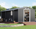 AMERLIFE 12x12x6.6 FT Galvanized Metal Storage Shed with Open Firewood Bay, Sliding Doors & Ramp, 2 Windows & Vents, Weather-Resistant Outdoor Tool/Garden Shed, Dark Grey/White