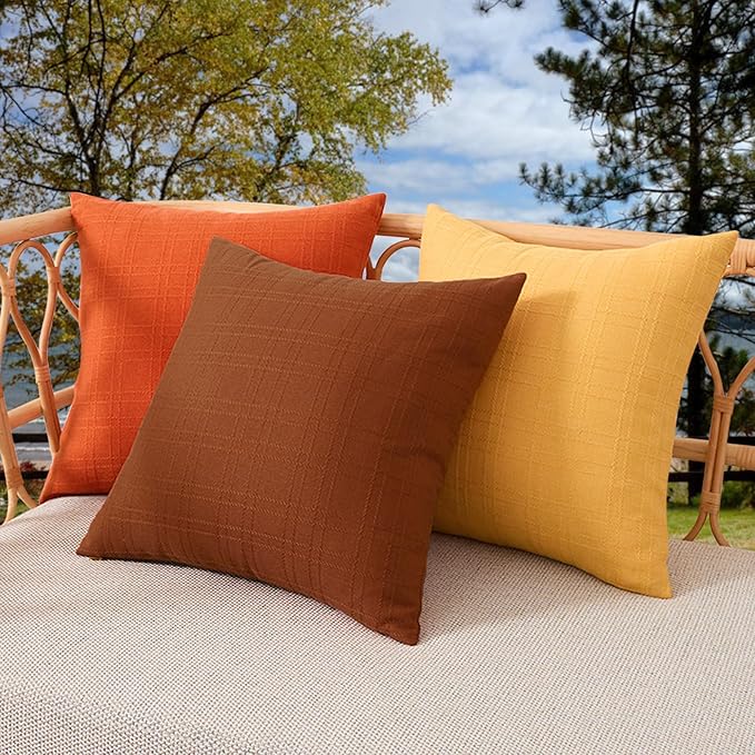 Kevin Textile Fall Outdoor Waterproof Throw Pillow Covers Decorative Farmhouse Water Resistant Checkered Cushion Covers for Tent Patio Garden Couch Sofa Pack of 2 (18x18 Inch Orange)