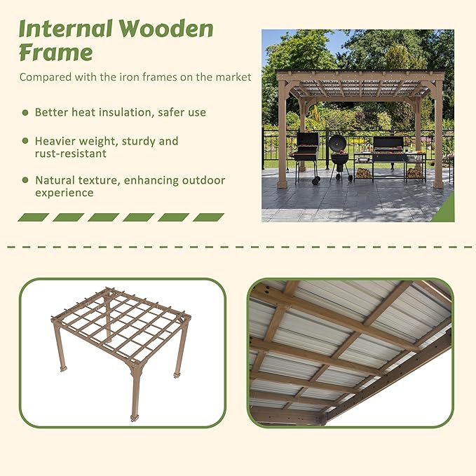 MUPATER 10 x 12 FT Wooden Grill Gazebo with Sloping Metal roof, Heavy Duty 5.5'' Post, Grill Gazebo Canopy Suitable for Full Size Grills, BBQ Canopy for Outdoor Patio, Lawn, Garden, Brown
