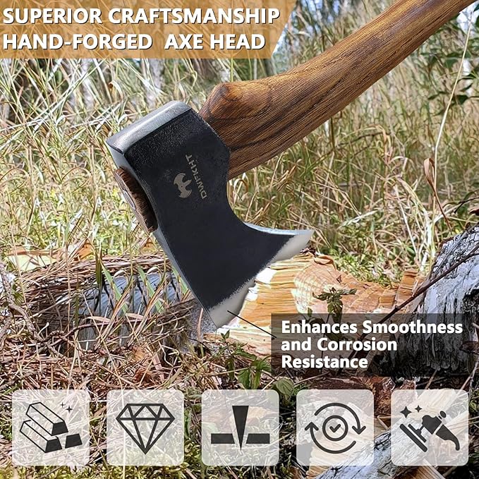 15.7" Hatchet Axe, Camping Hatchet, Hand-Forged Axe with Sheath for Wood Chopping, Splitting, and Carving, Bushcraft Axe with Beech Handle for Outdoor Survival and Garden Work