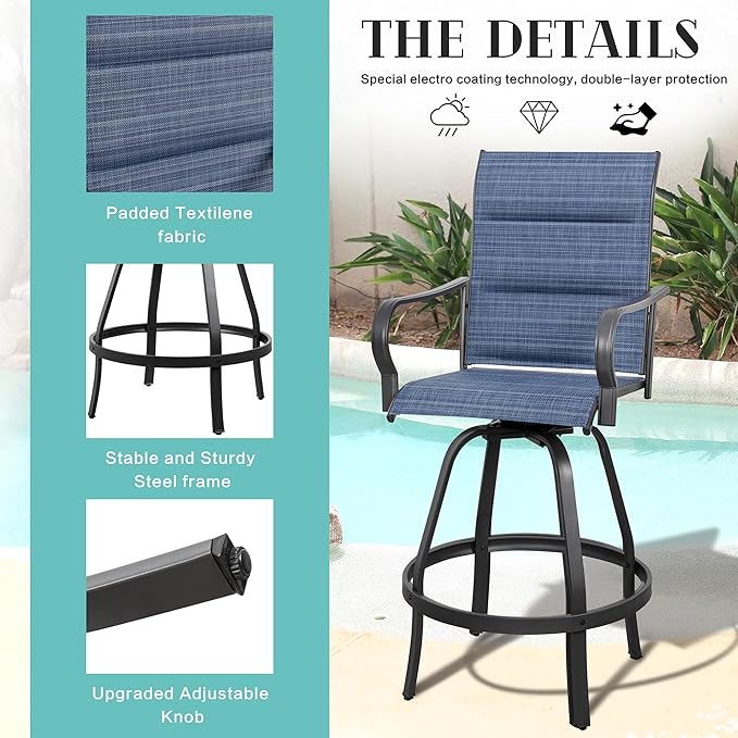 Vongrasig 2 Piece Outdoor Patio Swivel Bar Chairs, All Weather Padded Sling Textile High Top Bar Stools, Bistro Set for Backyard, Lawn Garden, Balcony, Padded Blue