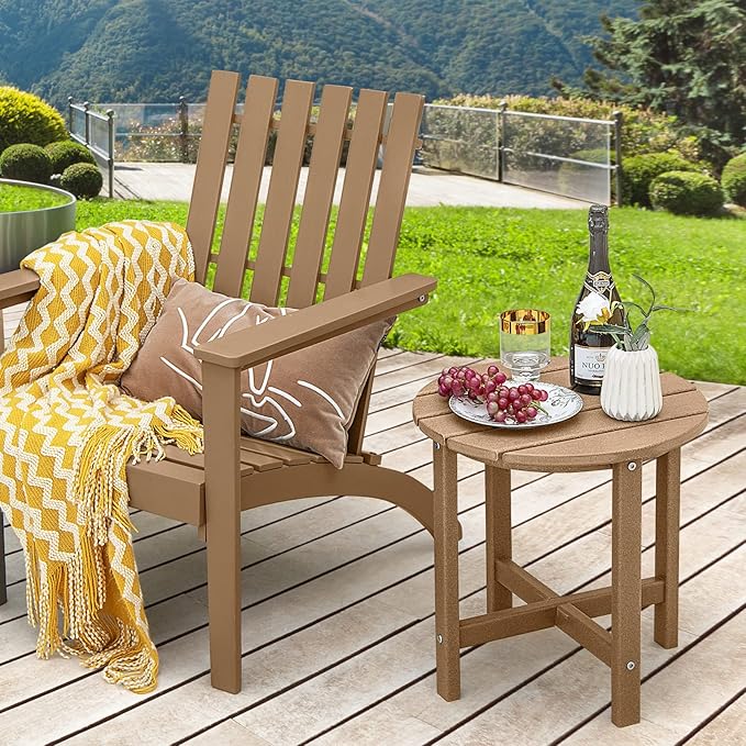 Tangkula Round Outdoor Side Table, 18 Inch Weather Resistant HDPE Adirondack Table, Outdoor Indoor Chairside End Tables, Patio Side Table for Lawn Garden Balcony Backyard, Easy Assembly (2, Brown)