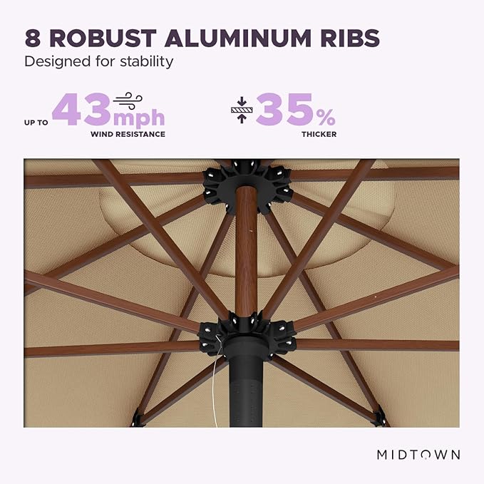 Midtown Umbrellas The Wooden 10 Feet Patio Umbrella With Sunbrella HeaMidtown Umbrellas Ther Tan Acrylic Fabric - Aluminum Frame Market Umbrella For Backyard, Deck, Garden, Pool - Wooden Pole