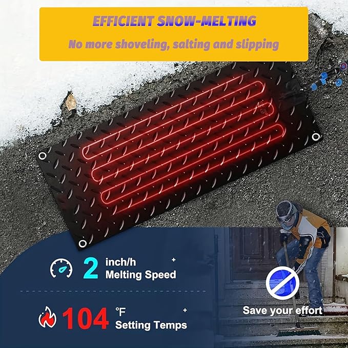 Heated Snow Melting Mats for walkways Stairs- Outdoor Heated Mats- Non-Slip Electric Heated Foot Mats for Winter Snow Removal- Heated Snow Melting Mat for Stairs garages Driveway (10in x 48in)