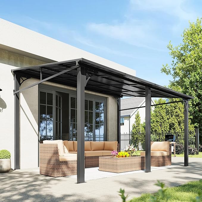 Aoxun 10' x 14' Lean to Gazebo, Upgraded Hardtop Outdoor Pergola with Sloping Galvanized Steel Roof, Large Wall-Mounted Heavy Duty Awnings for Patio, Backyard, Deck, Porch (Dark)