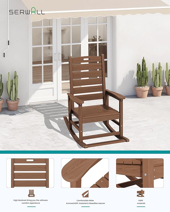 SERWALL Outdoor Rocking Chair Set of 4, Oversized HDPE Patio Rocking Chair with Footrest for Adults, All Weather Porch Rocker for Deck Patio Balcony, Brown