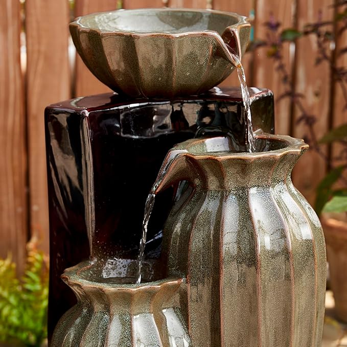 Glitzhome 26.75" H Ceramic Outdoor Water Fountain with LED Lights and Pump, Two Tone Olive Green and Brown Reactive Fluted Texture Cascading Waterfall Floor Standing Fountain for Porch Garden Patio