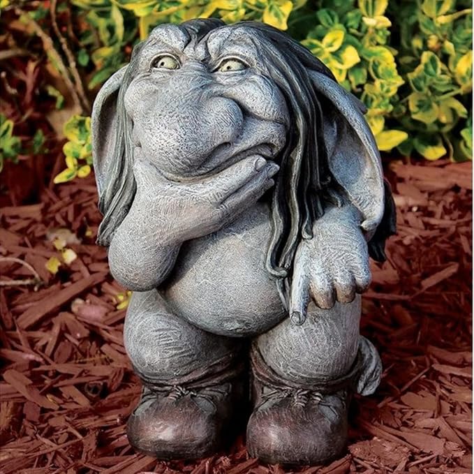 Gray Resin Thinking Gnome Troll Sculpture, Garden Statue Decor for Outdoor Patio Halloween, Christmas Decorations, Parties and Events