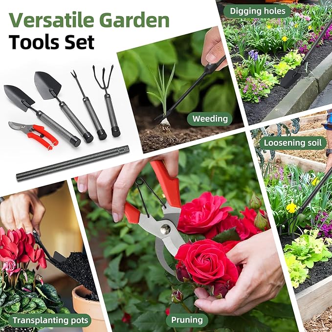 Garden Tool Set, 5Pcs Garden Tools with Extensions, Heavy Duty Rustproof Metal Gardening Tool Shovel Weeder Tiller Pruning Shear Gardening Supplies Garden Gifts for Women Kids