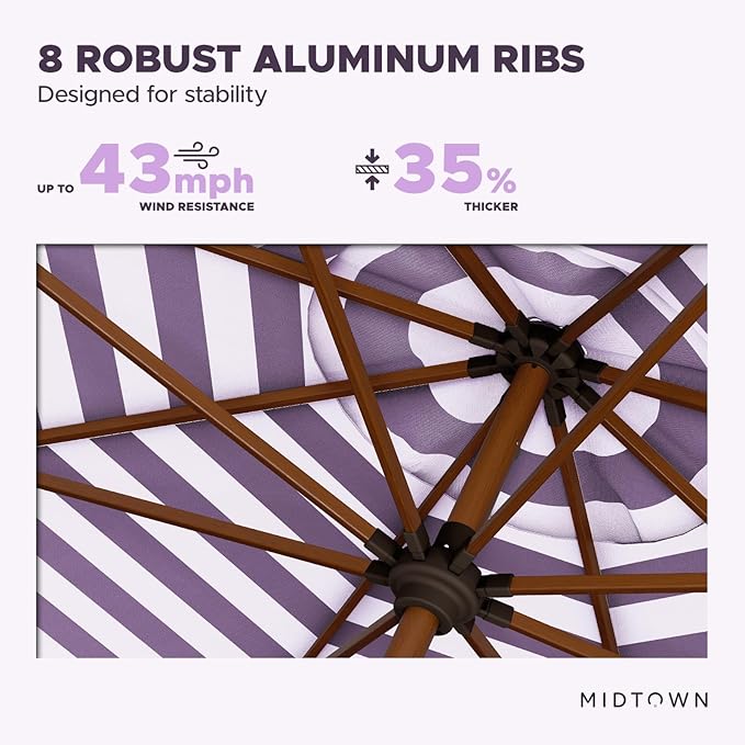 Midtown Umbrellas Wooden 2-8 Feet Outdoor Patio Umbrella, Terylast Purple & White Stripes Fabric, Aluminum Frame For Backyard Umbrella, Deck Umbrella, Garden Umbrella & Pool Umbrella - Wooden Pole
