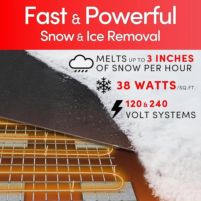 Electric Snow and Ice Melting Underground Cable 43 feet, Covers 14 sqft at up to 38 Watts/sqft, 120V – Radiant Heated Driveways, Walkways, Stairs – Installs Under Concrete, Asphalt, or Pavers
