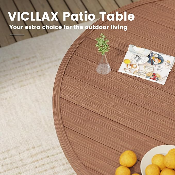 VICLLAX Outdoor Patio Round Dining Table, 60"x 60" Metal Slatted Round Tabletop with Adjustable Umbrella Hole for Deck Lawn Garden Backyard, Walnut