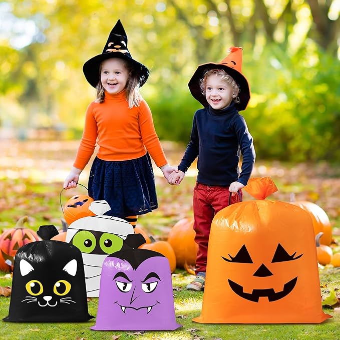 CNhoqc Halloween Lawn Leaf Bags - 16Pcs Halloween Theme Pumpkin Black Cat Ghost Mummy Patterns Waste Bags with Twist Ties, Large Grass Plastic Trash Container for Garden Outdoor Halloween Decorations
