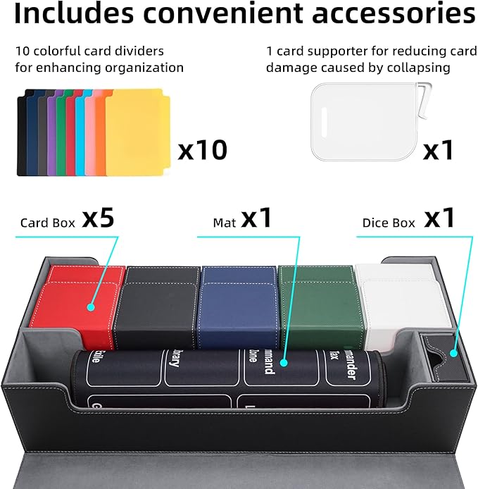 AFIING MTG Deck Box 6 In1 with MTG Playma,Premium Card Storage Box with 5 Pcs MTG Deck Box Holds 2400+ Trading Cards, Large TCG Card Deck Case for Magic Yugioh Sports Cards (Black&Grye)