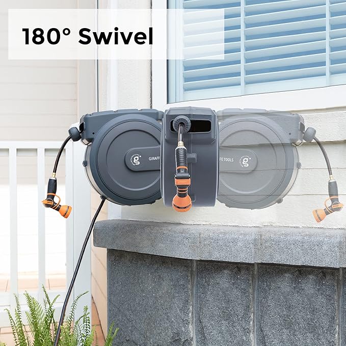Giraffe Tools Retractable Hose Reel 1/2 in x130 FT PRO Metal Bracket Wall Mounted Heavy Duty Hose Reel with 9 Pattern Nozzle 180 Deg Swivel, Metal Bracket Any Length Lock (1/2 130FT PRO, Dark Grey)
