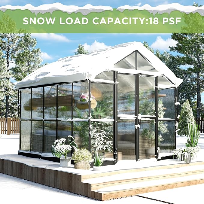 HOWE 8x10x7.5 FT Polycarbonate Greenhouse Double Swing Doors 2 Vents 5.2FT Added Wall Height, Walk-in Large Aluminum Greenhouse Sunroom Winter Greenhouse for Outdoors, Black (54FG-5)