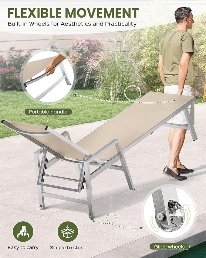 Patio Chaise Lounge Chair Outdoor with Wheels&Armrests, Aluminum Pool Lounge Chairs 5-Position Adjustable Recliner, Outdoor Beach Lounge Chairs for Poolside, Patio, Deck, Yard, Khaki