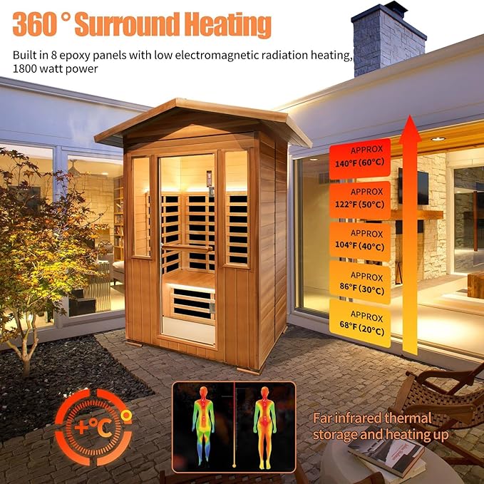 Far Infrared Home Sauna Room,1800W Light Therapy Lamp Dry Saunas for Home,2-3 Person Home Sauna,Red Cedar Corner Sauna Spa with Bluetooth Speaker,for Unwell Men,Women,Elderly