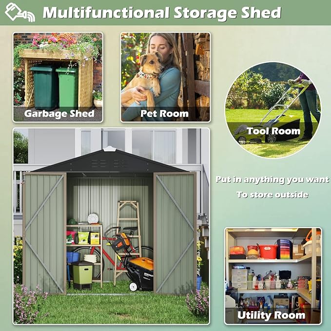 Devoko Outdoor Storage Shed 8 x 6 FT Lockable Metal Garden Shed Steel Anti-Corrosion Storage House with Single Lockable Door for Backyard Outdoor Patio (Brown)