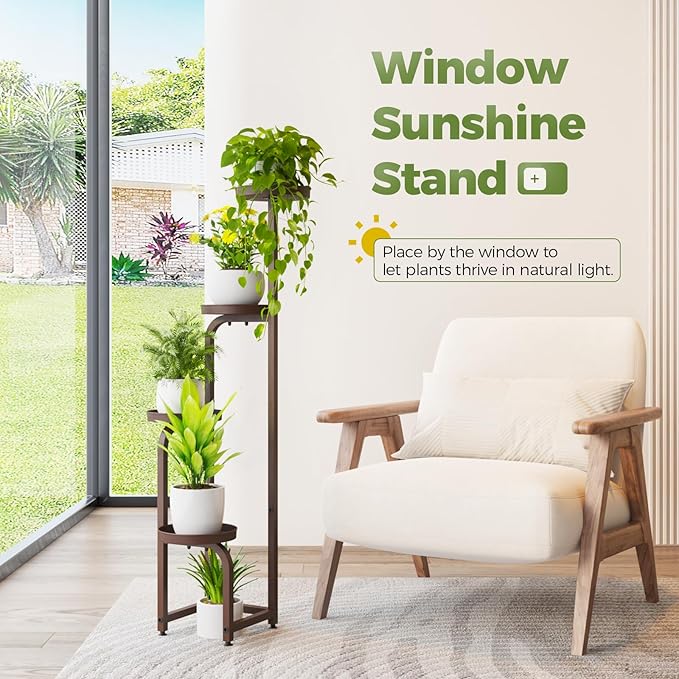 Bamworld Corner Plant Stand Indoor Outdoor, Tall Metal Flower Pot Stands for Multiple Plants, 4 Tier Brown Heavy Duty Plant Shelf for Patio Garden Balcony Living Room Bedroom(Patent Design)