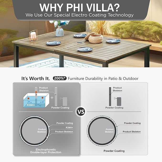 PHI VILLA 7 Pieces Patio Dining Set for 6, 65” Wood-Like Metal Steel Dining Table & Stackable Iron Dining Chairs, Large Dining Furniture Set for Outdoor Deck, Yard, Porch
