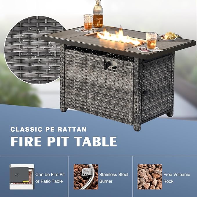 HOOOWOOO Patio Outdoor Furniture with Fire Pit Table,High Back 6 Piece Wicker Patio Conversation Set with Swivel Chairs,7 Person Couch Sofa Seating,Denim Blue