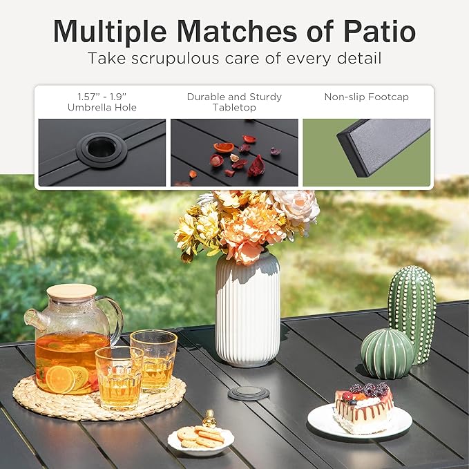 PHI VILLA 7 Piece Patio Dining Furniture Set with Umbrella, Outdoor Dining Set with Patio Table and Chairs Set, Adjustable Grey Folding Patio Chairs for Garden