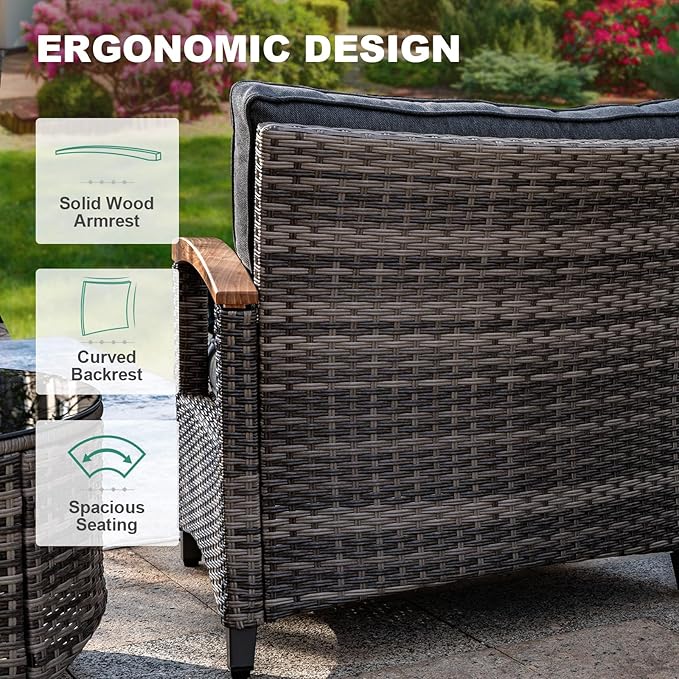 MEISSALIVVE 9 Piece Outdoor Patio Furniture Set, Half-Moon Curved Sectional Sofa Rattan Conversation Set with Wood Armrests, Coffee Table & Side Table（Grey）