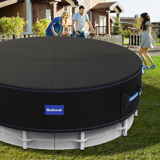 10 Ft Round Pool Cover with Reflective Strips, 420D Swimming Pool Cover for Above Ground Pools, Solar Cover with Drawstring and Ground Nails for Dustproof, UV Protected