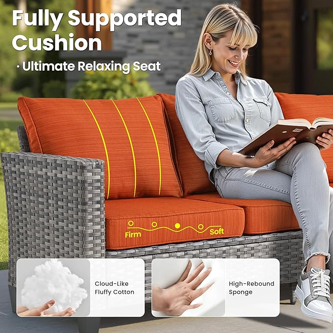 ovios 9 Pieces Patio Furniture Set with 54" Fire Pit Table, Outdoor Sofa Couch with Solar Lights Table Comfy Cushions, Modern Deep Seat Wicker Rattan Conversation Set, Orange Red