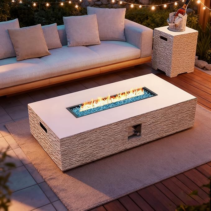 UPHA 56-inch Outdoor Propane Gas Fire Pit Table 50000 BTU Concrete Round FirePit for Outside Patio with Propane Tank Cover, Blue Glass Rocks, Rain Cover, Beige Texture