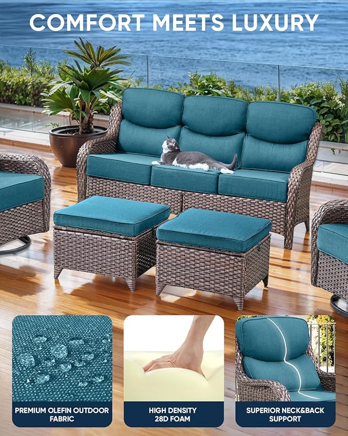 Luxury 22x24/22x25 6-Inch Smile Outdoor Seat Cushions Set of 2 - Superior Comfortable Water-Repellent Patio Chair Cushion for Rattan Dining Glider Loveseat Sectional Sofa - Peacock Blue