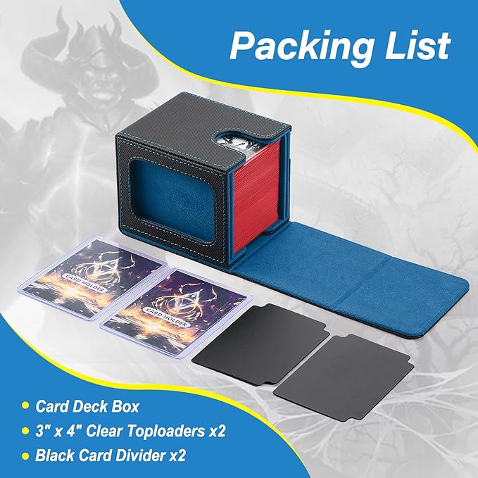 MTG Deck Box, Double Display Window MTG, Commander Deck Box Fits 120+ Single Sleeved Cards, PU Leather Magnetic Closure Card Box with 2 Dividers&2 Toploaders for TCG, CCG, Black/Blue