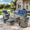 Wicker Outdoor Conversation Set-6 Pieces Outdoor Wicker High Back Couch with Swivel Rocker Chairs Patio Furniture for Deck Poolside Backyard-Light Grey/Blue