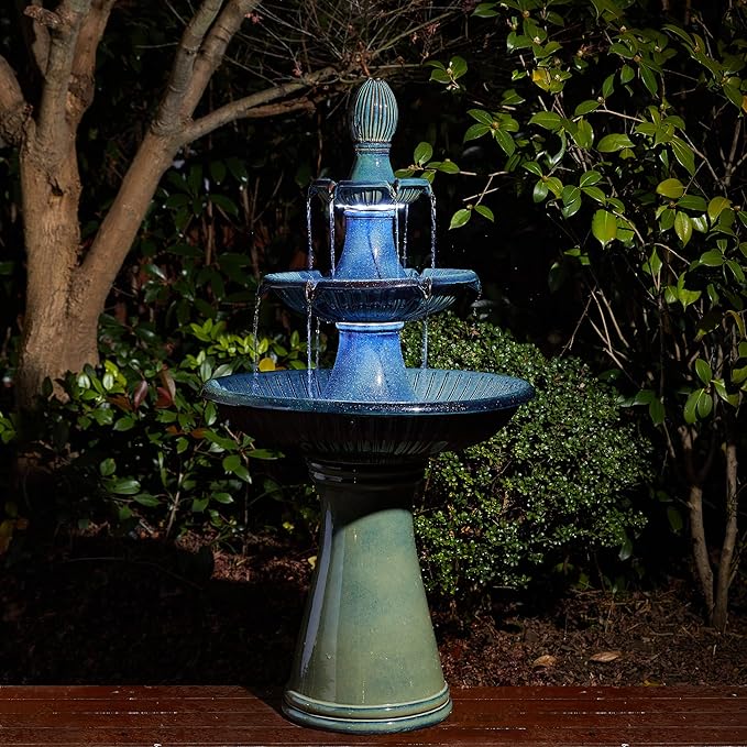 Glitzhome Outdoor Fountain 3 Tier Waterfalls, 45.25" H Ceramic Water Fountain with Pump & LED Light Oversized Indoor Outdoor Floor-Standing Fountains Garden for Patio Backyard Deck Lawn, Turquoise