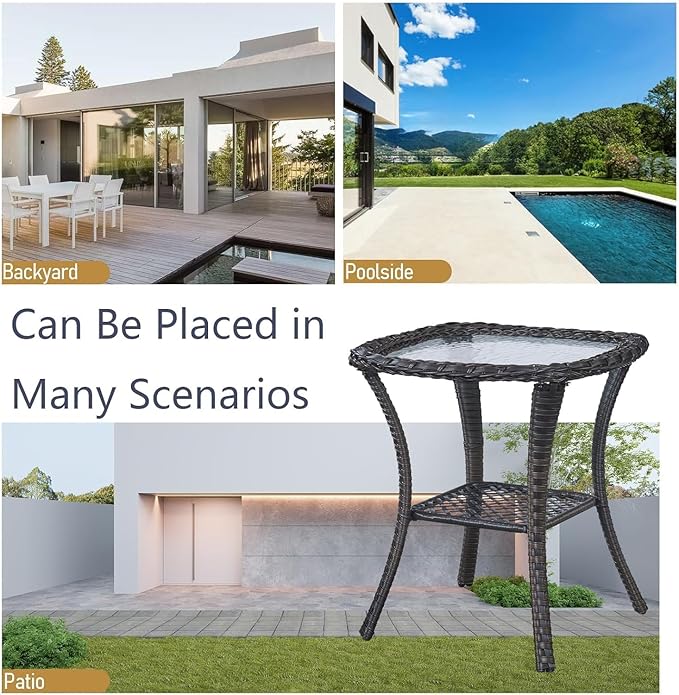 Outdoor Side Table, Brown Rattan Wicker Patio Side Table, Patio End Table, Small Outdoor Side Table with Glass Tabletop and Storage Shelf (Brown)