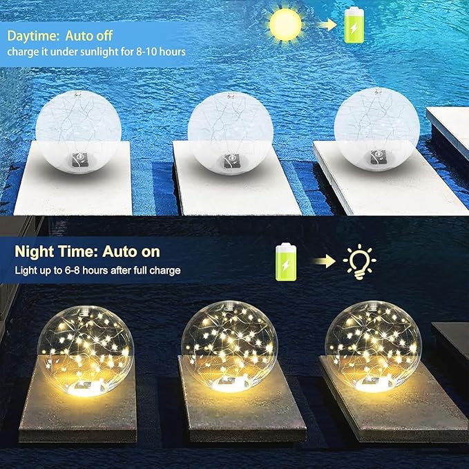 Solar Powered Floating Pool Lights - 14" Inflatable Waterproof Floating Light UP Pool Glow Balls, 3000K Warm-White Led Pool Lights That Float for Party Decorations, Outdoor Patio Detor (6)