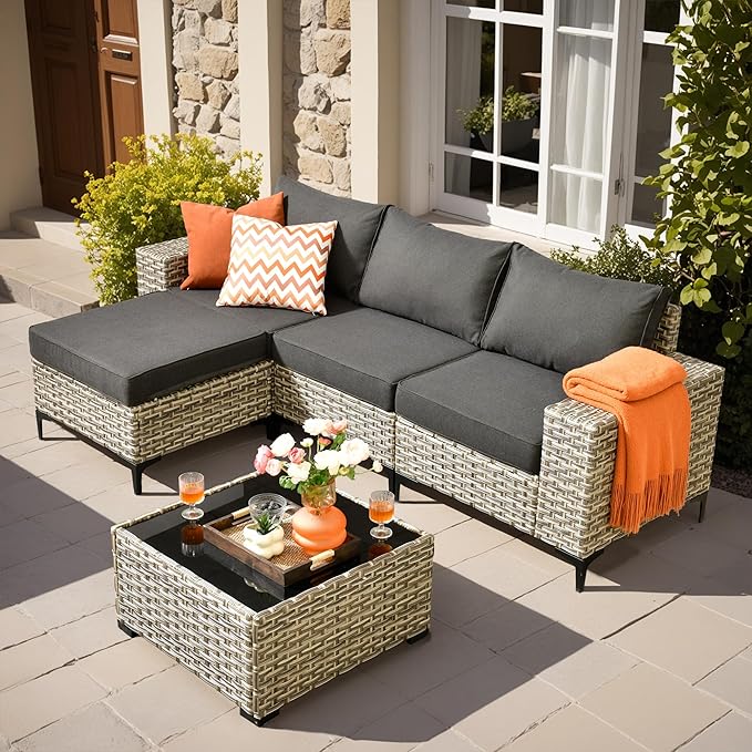 HOOOWOOO Outdoor Sectional Furniture Set,5 PCS Wicker Patio Couch Sets,L Shape All Weather Resistant Outside Conversation Sofa Set with Ottoman Table,Black