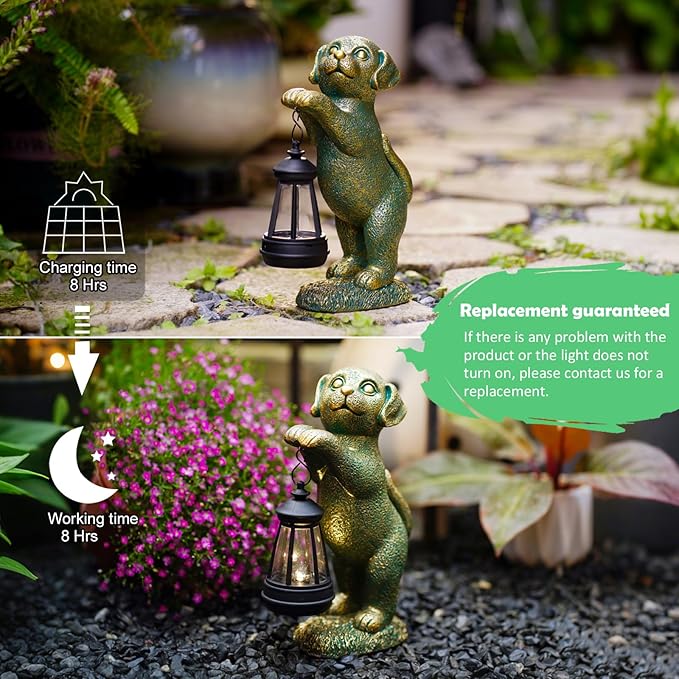 Dog Statue with Solar Lantern - 9.84 Inch Resin Solar Outdoor Lawn Yard Garden Decor - Unique Design Gifts for Women Mom Men (Copper)