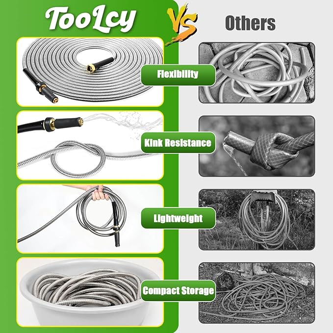 TOOLCY Metal Garden Hose 75 FT - 304 Stainless Steel Water Hose with Brass Nozzle - Super Flexible, No Kink, Heavy Duty, Lightweight, Durable Garden Hoses for Yard, Outdoor, Lawn